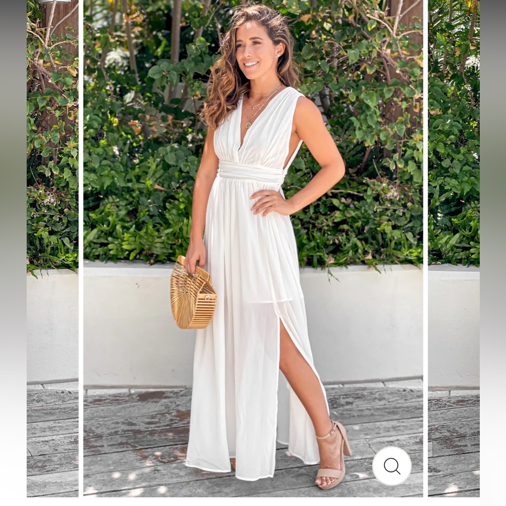MainStrip ivory V-Back Maxi Dress semi sheer overlay Like New without tag